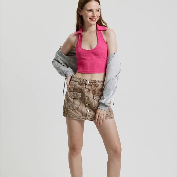 Women Ribbed Crop Top Size XS Pink-Magenta Halter Neck Backless Sleeveless - Picture 1 of 12